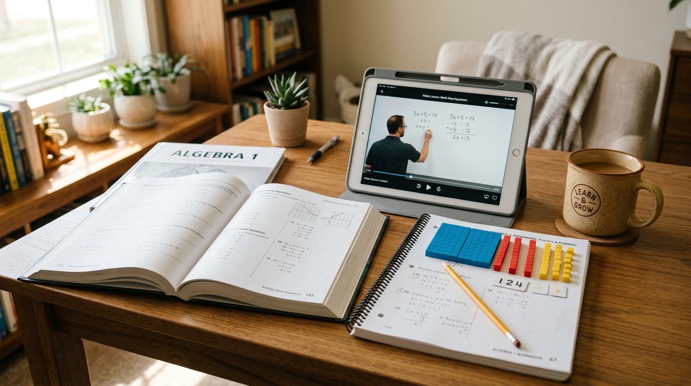 Algebra textbook, video lesson, workbook, and manipulatives arranged on a homeschool study table