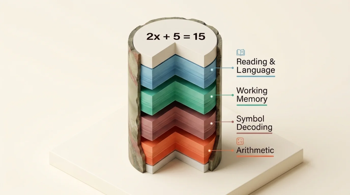 Layered diagram showing reading, working memory, symbol decoding, and arithmetic demands in algebra