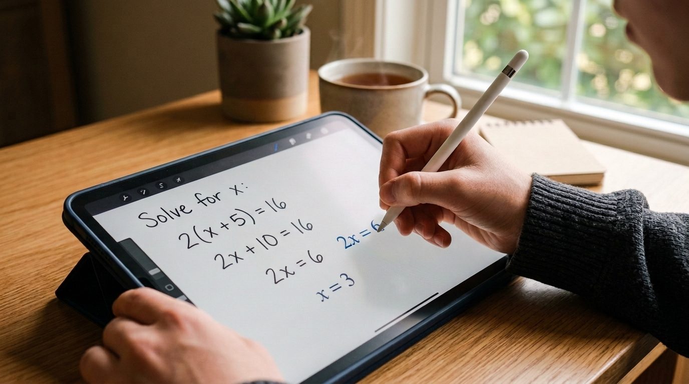 Student solving an algebra equation by hand on a tablet